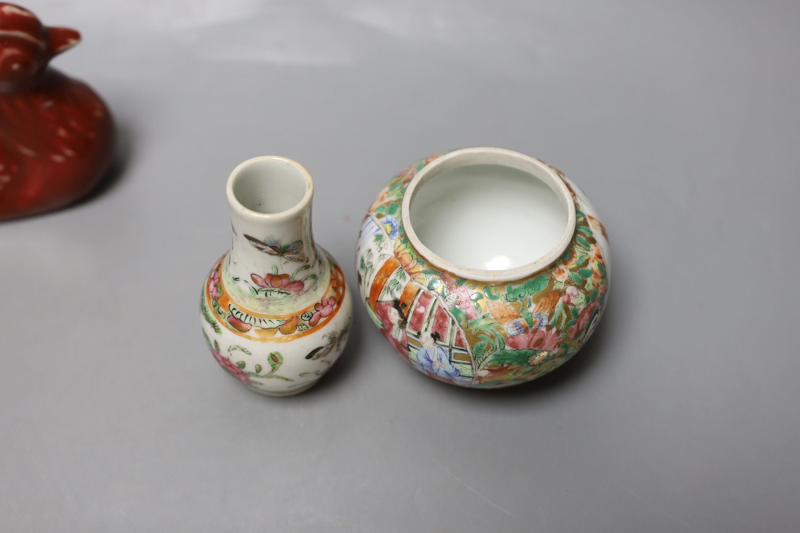 Three 19th century Chinese Canton decorated items and a sang-de-boeuf duck - tallest 10cm